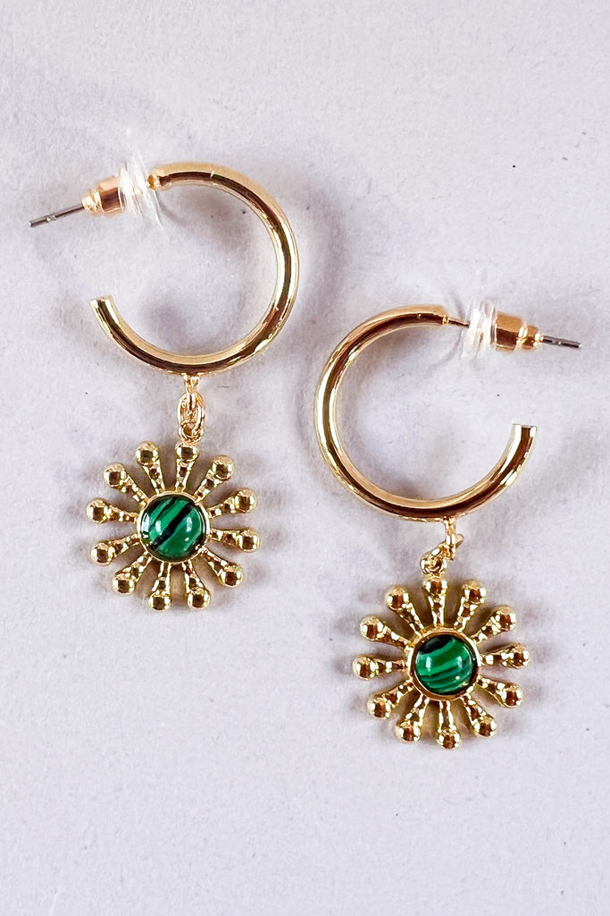 Flower Gem Hoop Earrings Green