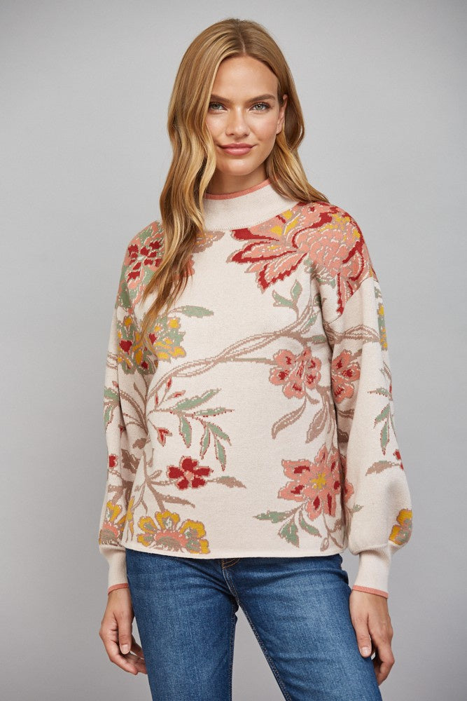Tapestry Floral Mock Neck Sweater